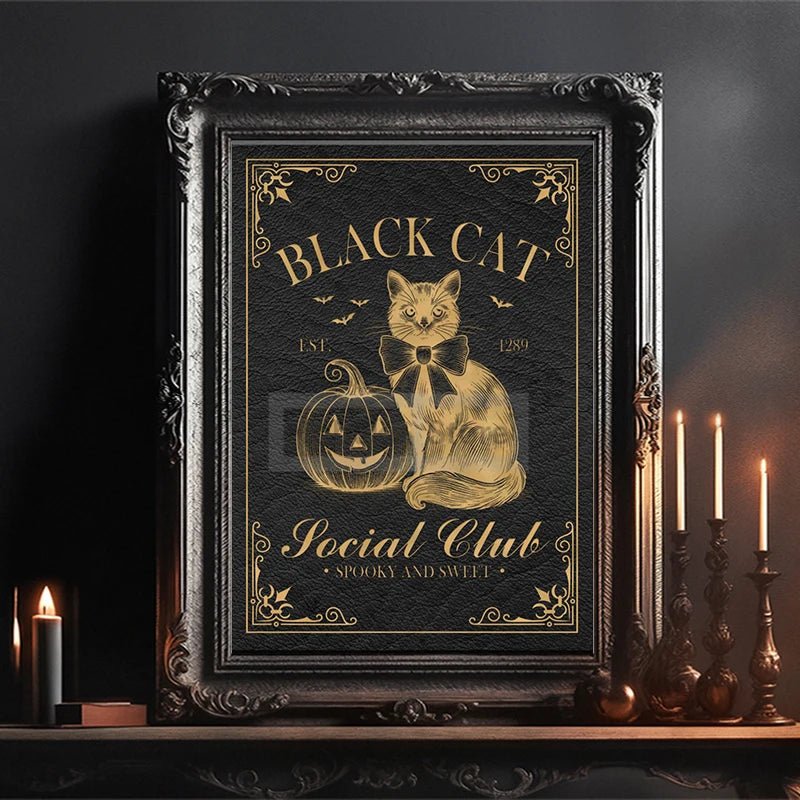 Vintage - Style Black Cat Social Club Canvas Print - The Pagan Grimoire