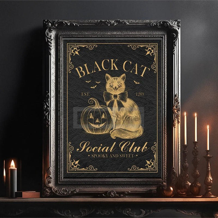 Vintage - Style Black Cat Social Club Canvas Print - The Pagan Grimoire