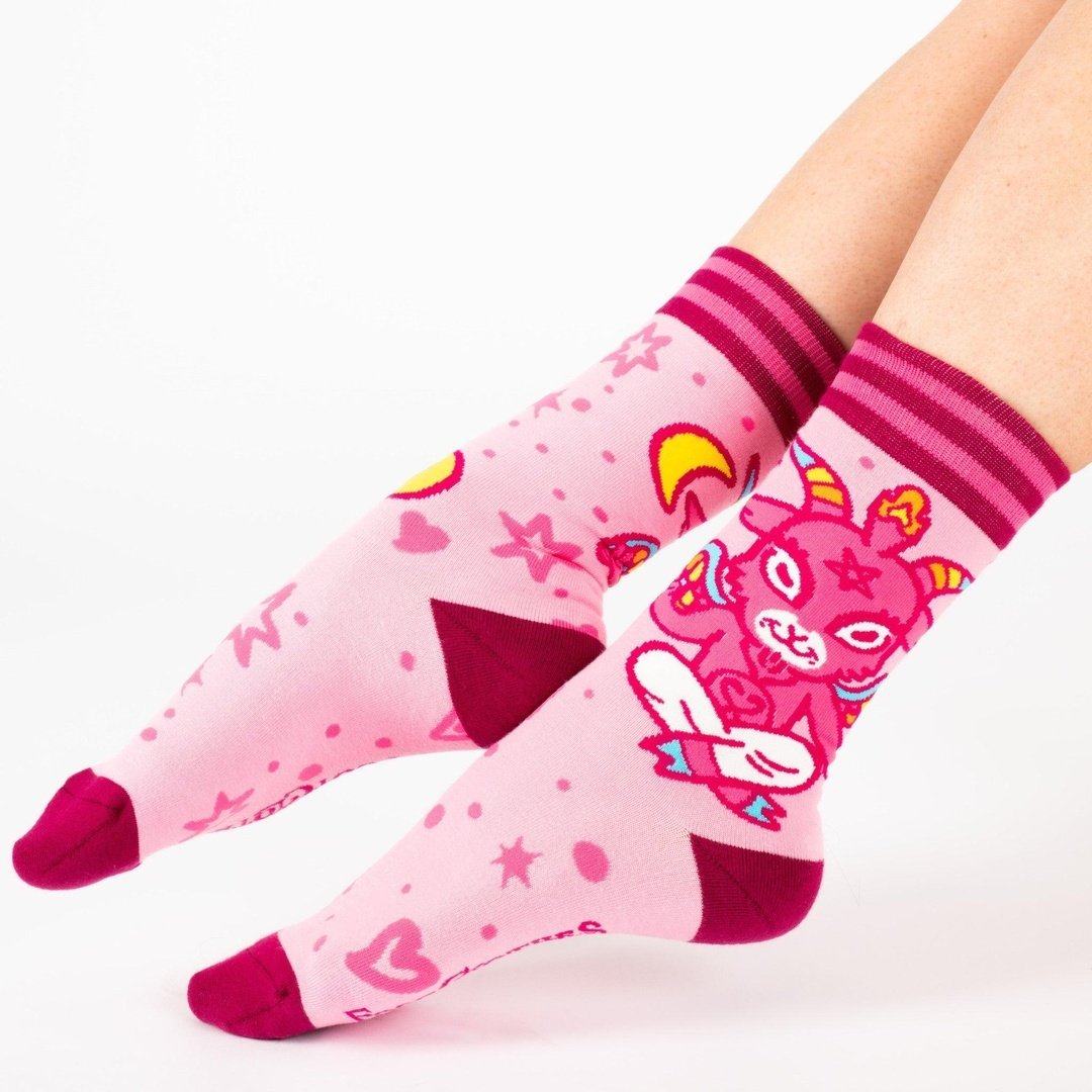 Ultimate Baphomet ankle and crew socks, pink with magenta stripes and cartoon print.