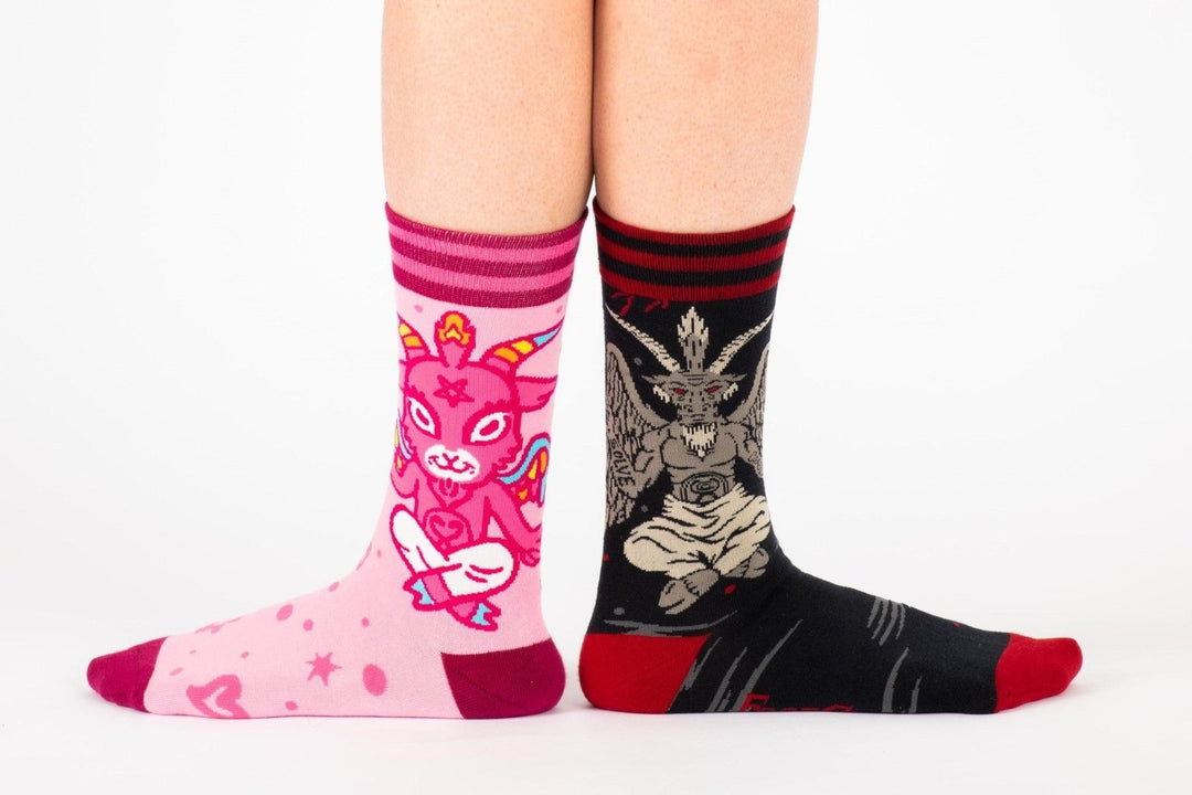 Ultimate Baphomet ankle and crew socks, pink and black striped designs visible.