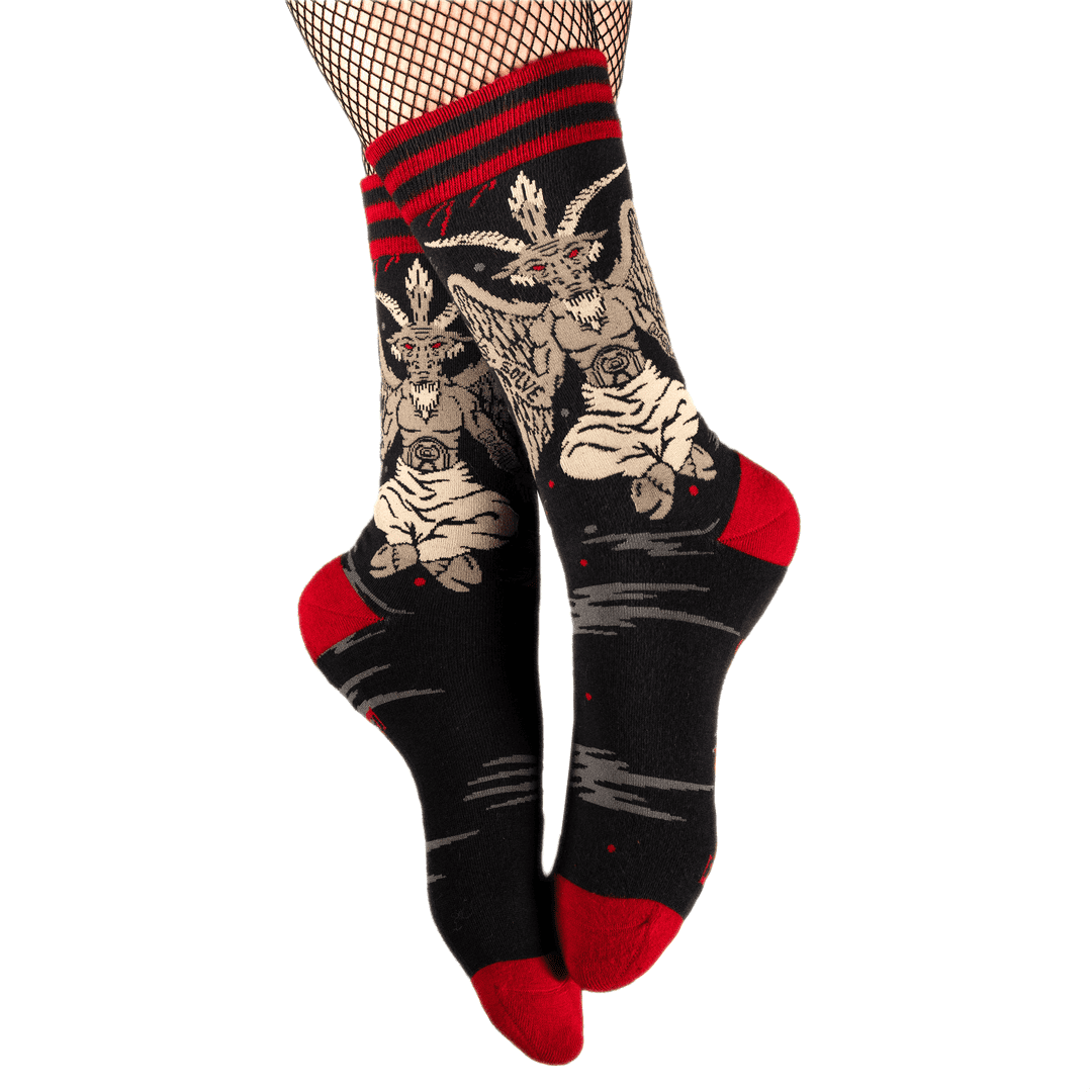 Ultimate Baphomet ankle and crew socks with black, red, beige graphic pattern.