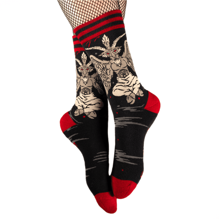 Ultimate Baphomet ankle and crew socks with black, red, beige graphic pattern.