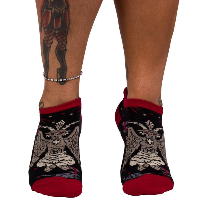 Ultimate Baphomet ankle socks with black, red, and gray graphic pattern.