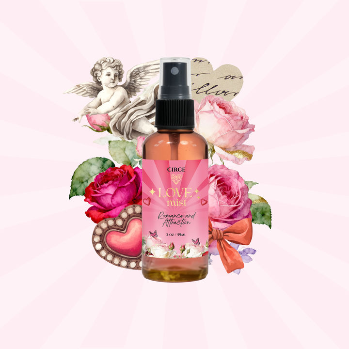 Bottle of 'Love Mist' with decorative elements on a pink background