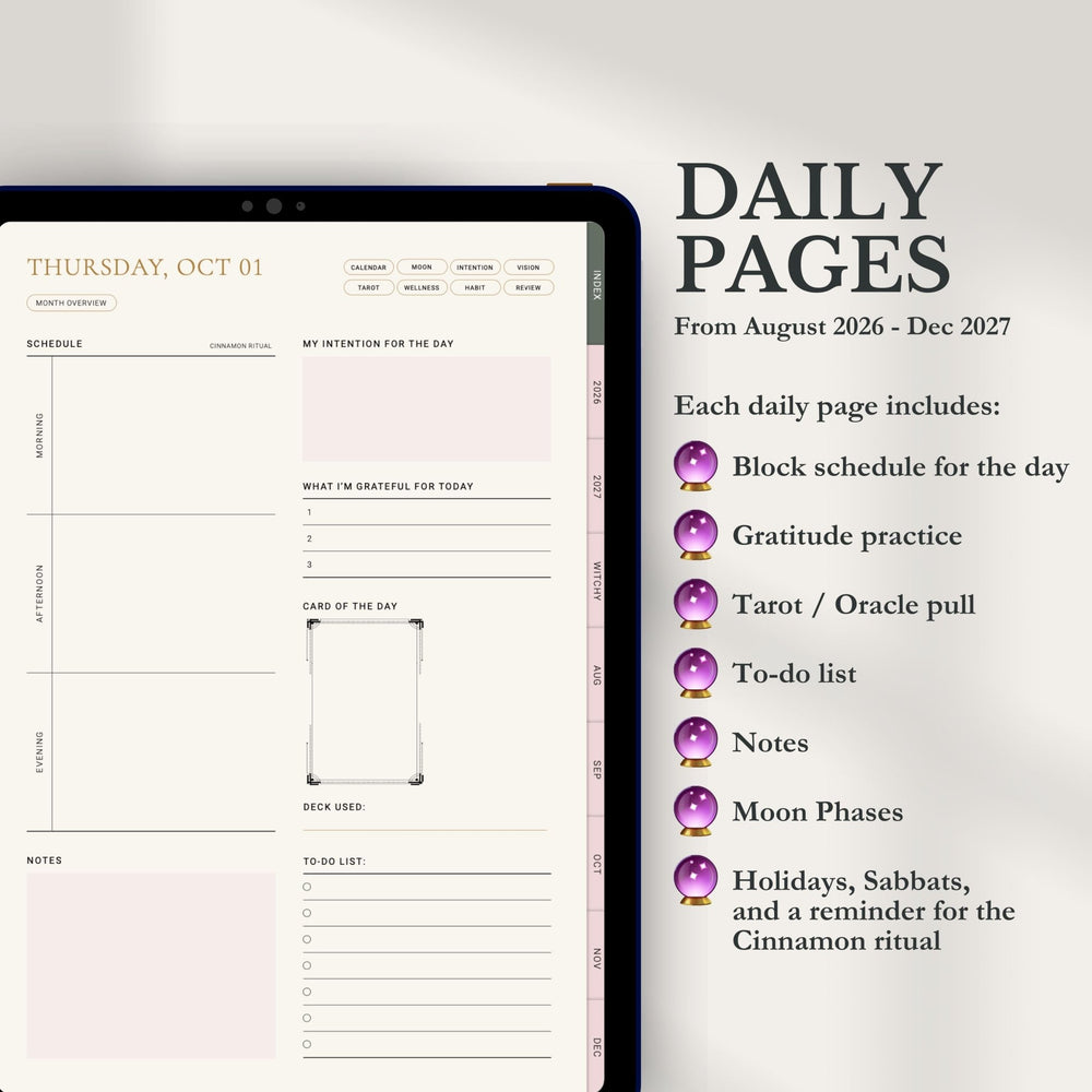 Digital preview of a daily planner page set displayed on a tablet screen, with text on the right describing included daily page features such as a schedule, gratitude practice, tarot/oracle pull, to-do list, notes, and moon phases.