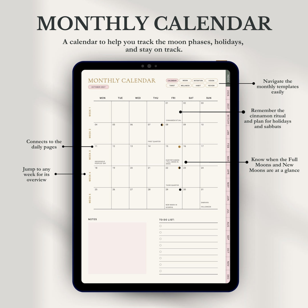 A digital monthly calendar template displayed on a tablet screen, with callout lines explaining features such as tracking moon phases, holidays, and subshirts. The background is a soft light gray with dark gray headline text reading 'MONTHLY CALENDAR'.