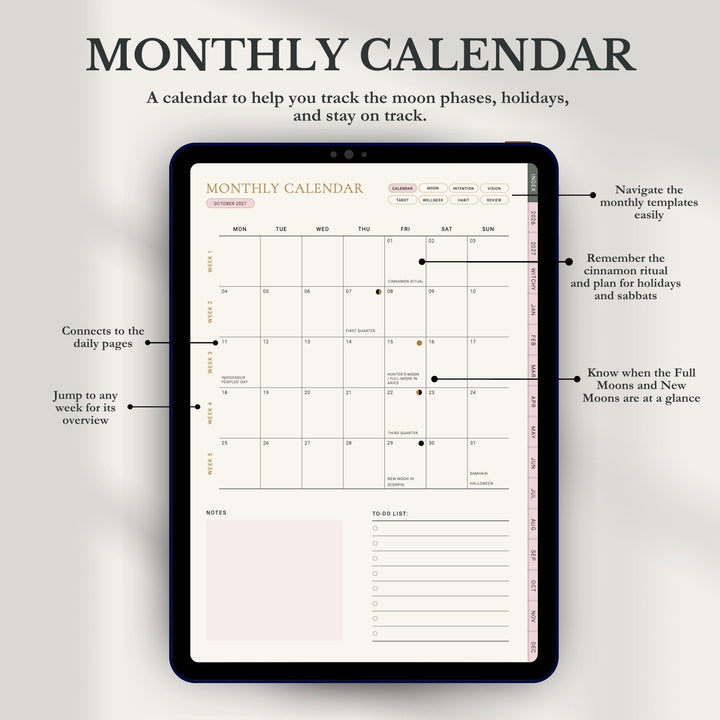 A digital monthly calendar template displayed on a tablet screen, with callout lines explaining features such as tracking moon phases, holidays, and subshirts. The background is a soft light gray with dark gray headline text reading 'MONTHLY CALENDAR'.