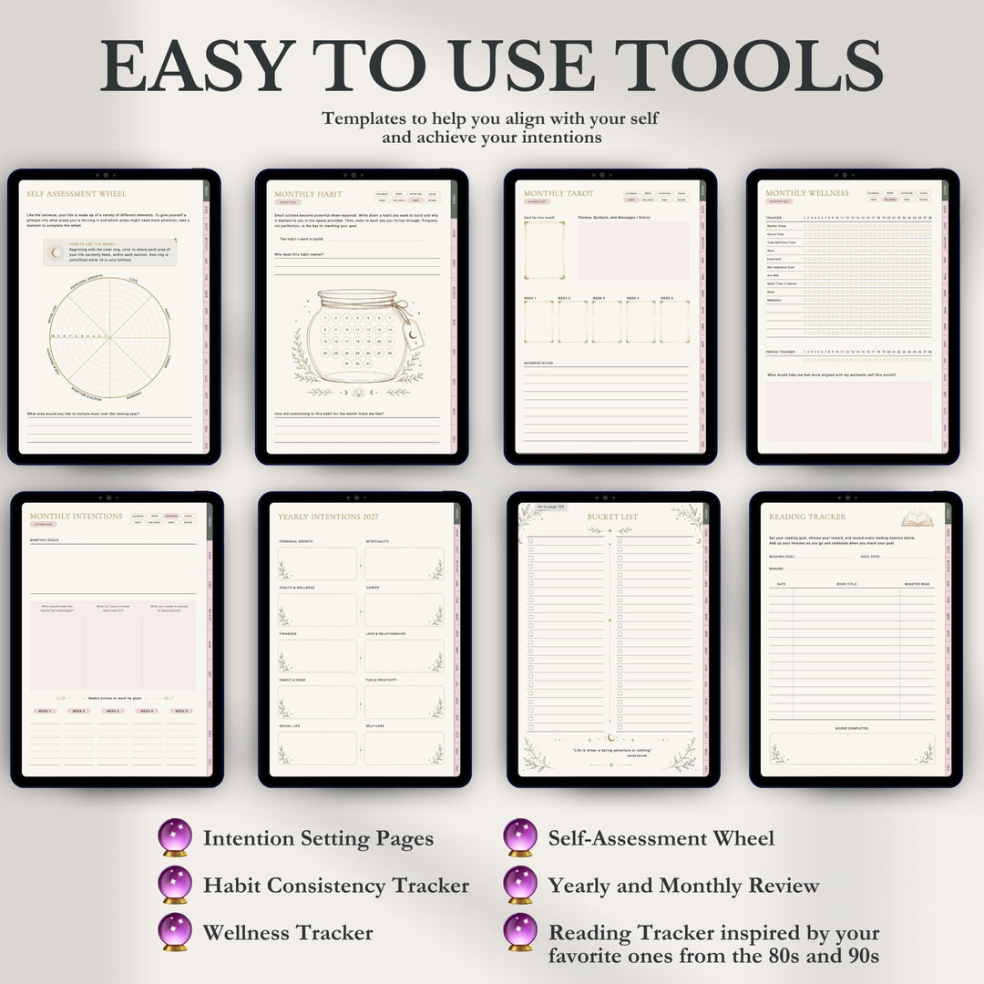 A promotional graphic showing eight digital planner or journaling template pages displayed on tablet screens, with the headline 'EASY TO USE TOOLS' at the top and feature callouts at the bottom including intention setting pages, habit consistency tracker, wellness tracker, self-assessment wheel, yearly and monthly review, and reading tracker.