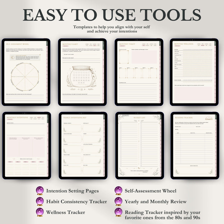 A promotional graphic showing eight digital planner or journaling template pages displayed on tablet screens, with the headline 'EASY TO USE TOOLS' at the top and feature callouts at the bottom including intention setting pages, habit consistency tracker, wellness tracker, self-assessment wheel, yearly and monthly review, and reading tracker.