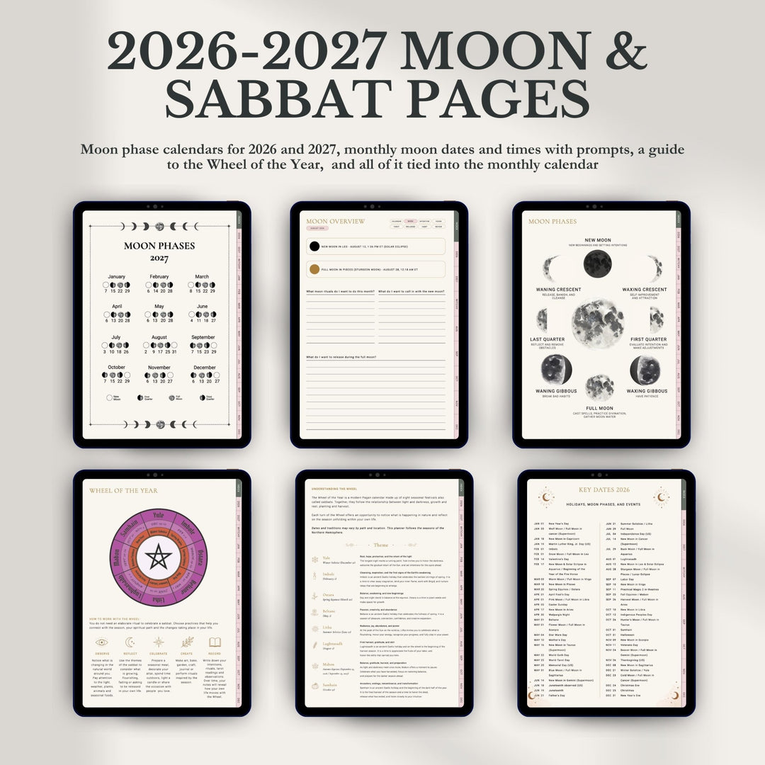 Digital preview of printable 2026-2027 Moon & Sabbat pages displayed on six tablet screens against a light gray background. The pages feature black-framed layouts with moon phase charts, weekly prompts, journal prompts, a purple and gold wheel graphic, and a Sabbath tracker.