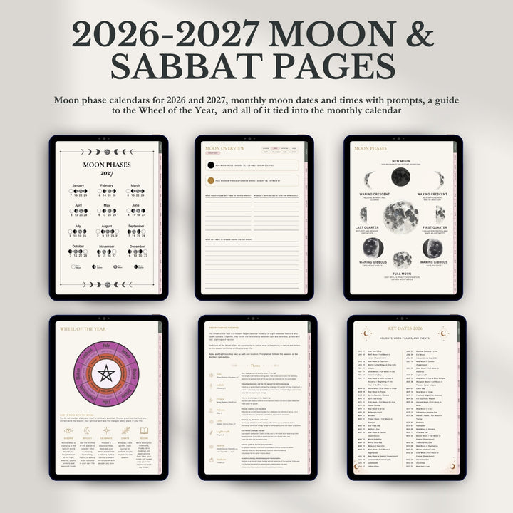Digital preview of printable 2026-2027 Moon & Sabbat pages displayed on six tablet screens against a light gray background. The pages feature black-framed layouts with moon phase charts, weekly prompts, journal prompts, a purple and gold wheel graphic, and a Sabbath tracker.