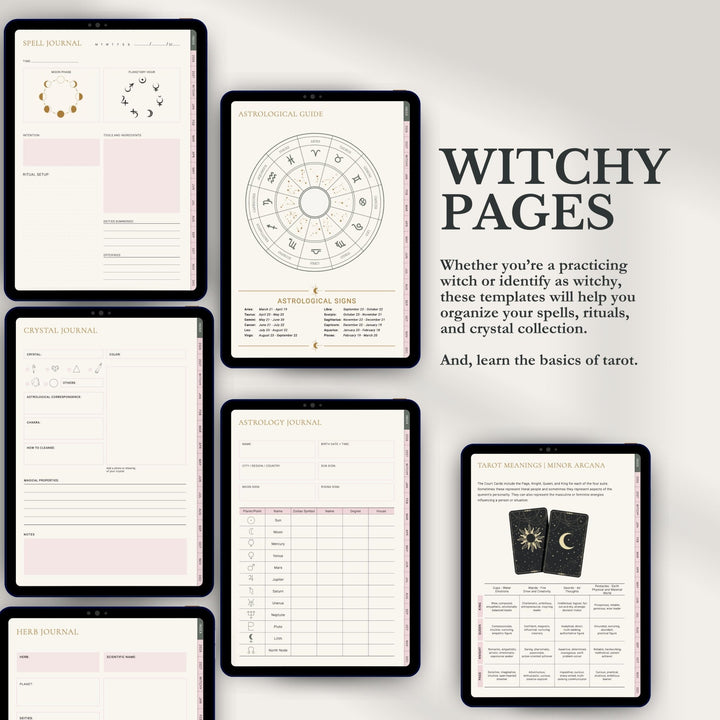 Six digital pages for a witchy journaling and tarot template set displayed on tablet screens against a light gray background, with the text 'WITCHY PAGES' and descriptive copy.