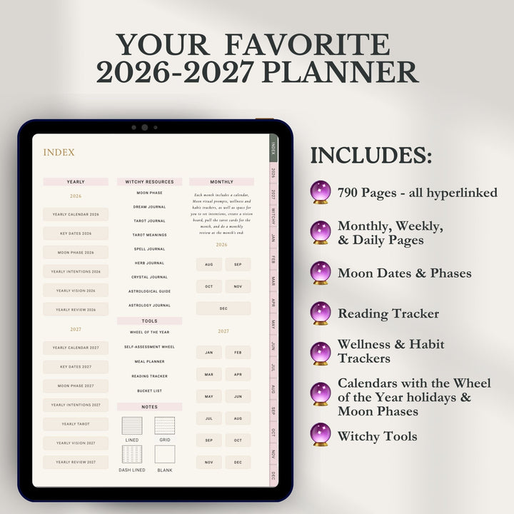 A digital promotional graphic for a 2026-2027 planner shown on a tablet screen, with text listing included features such as 790 pages, monthly/weekly/daily pages, moon dates, reading tracker, wellness habit trackers, and witchy tools. The background is a soft warm beige.