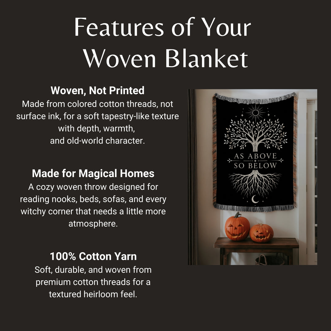 Woven blanket with tree design on a black background, featuring text about the product.