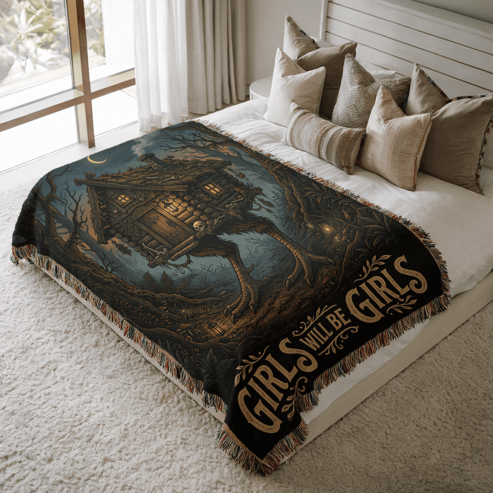 Baba Yaga Hut Woven Blanket on Bed