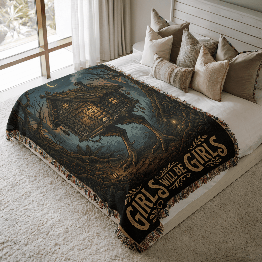 Baba Yaga Hut Woven Blanket on Bed