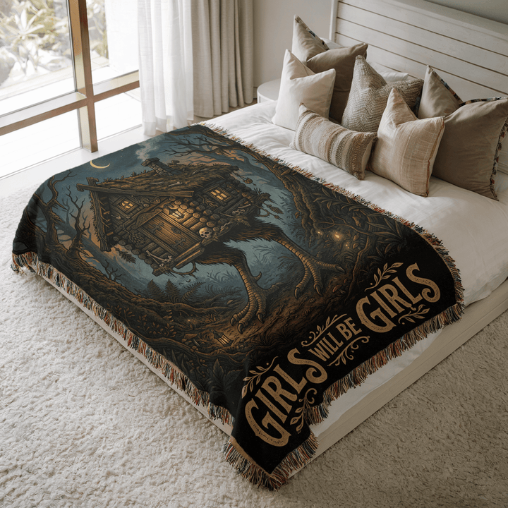 Baba Yaga Hut Woven Blanket on Bed