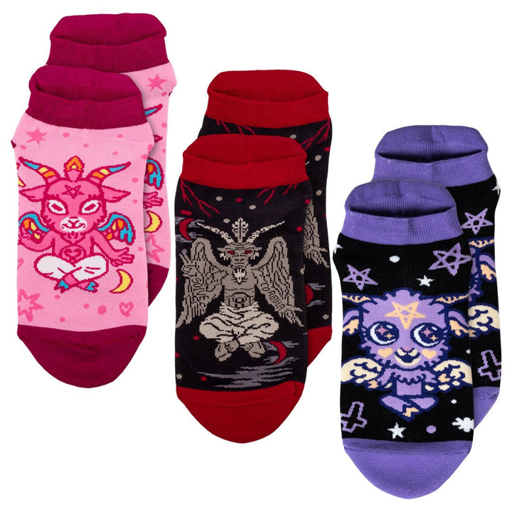 Ultimate Baphomet ankle and crew sock pack, three designs shown.
