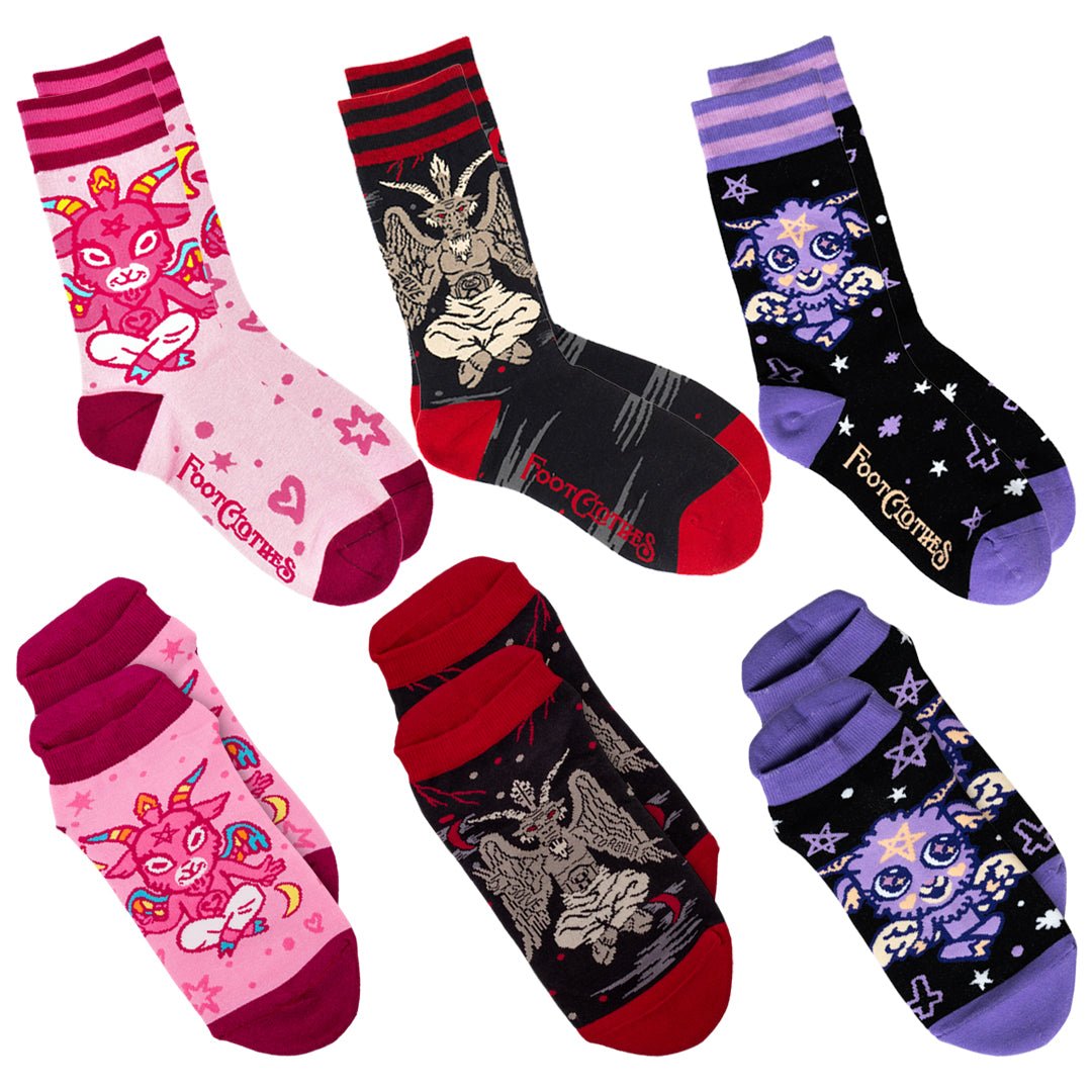 Ultimate Baphomet ankle and crew socks pack, six colorful patterned pairs displayed.