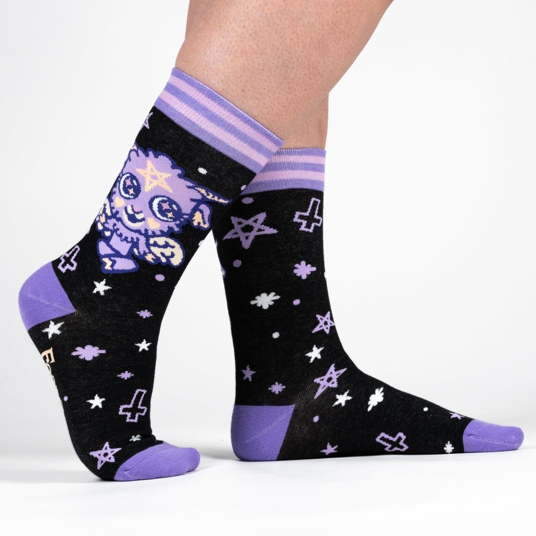 Ultimate Baphomet ankle and crew socks in black with lavender stripes, stars, and crosses.