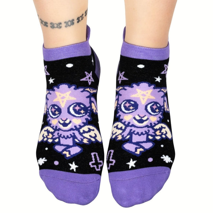 Ultimate Baphomet ankle socks with black, purple, and star patterns, crew length.