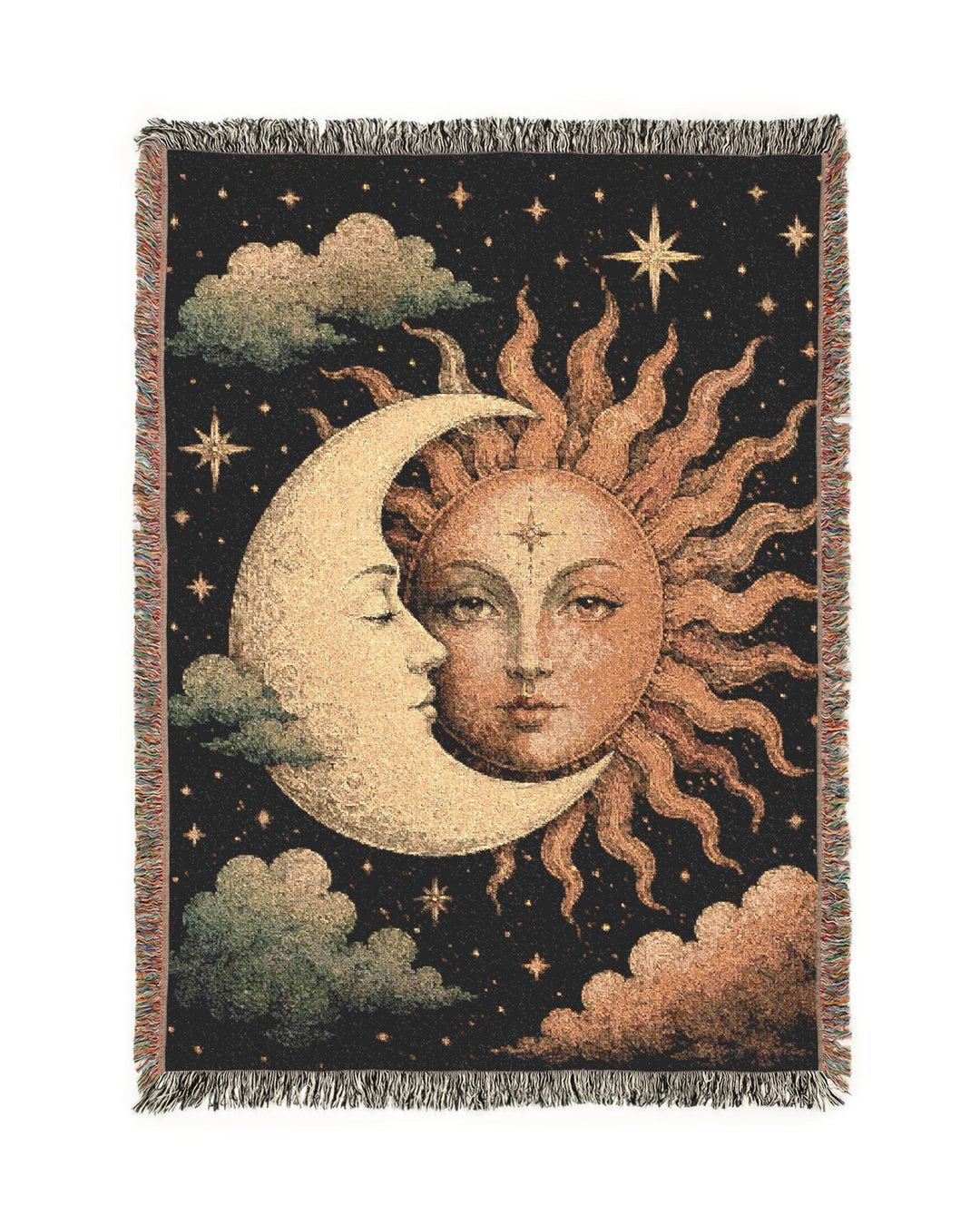 Woven tapestry with sun and moon design on a dark background