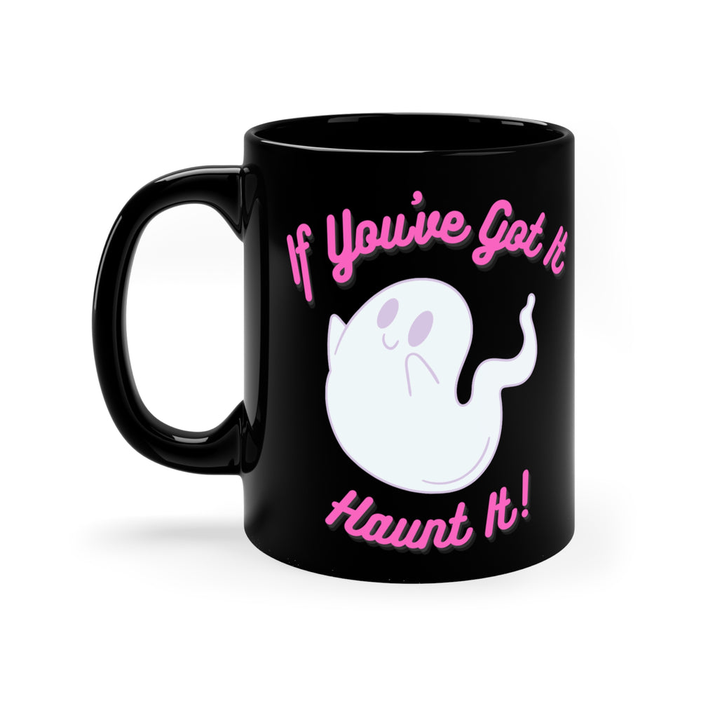 Ghost Mug black ceramic with pink lettering and pale ghost graphic on side
