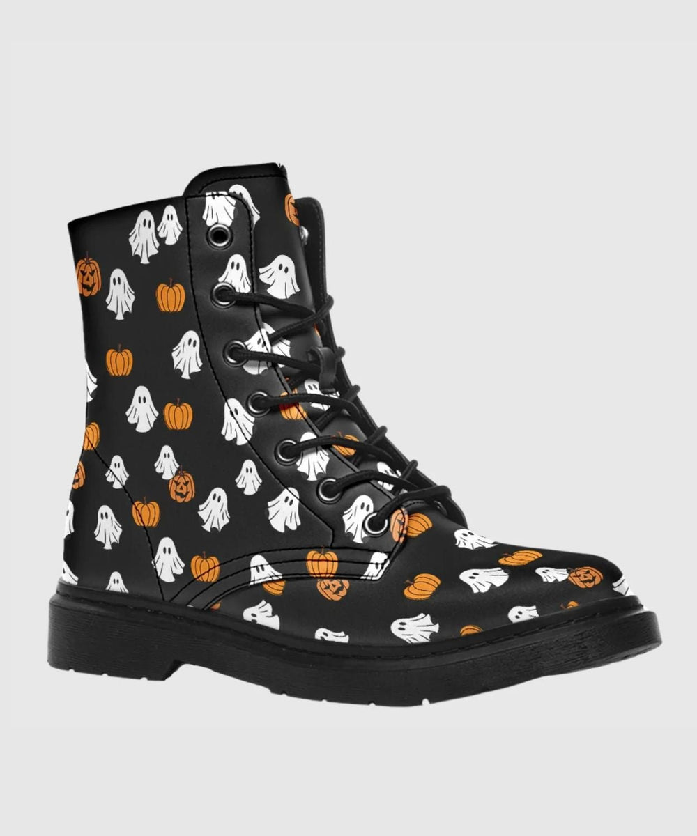 Ghost and Pumpkin Combat Boots - The Pagan Grimoire