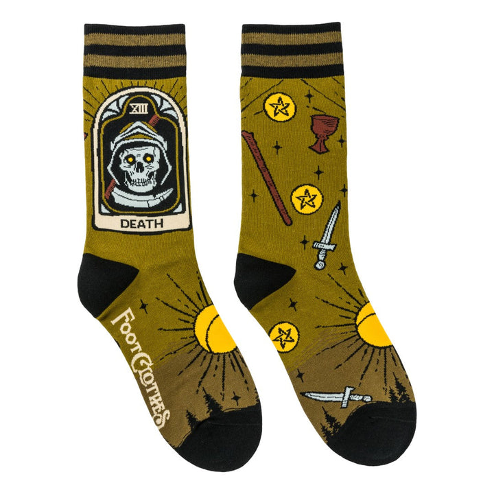 Pair of socks with Grim Reaper design and 'Footclothes' branding on a white background