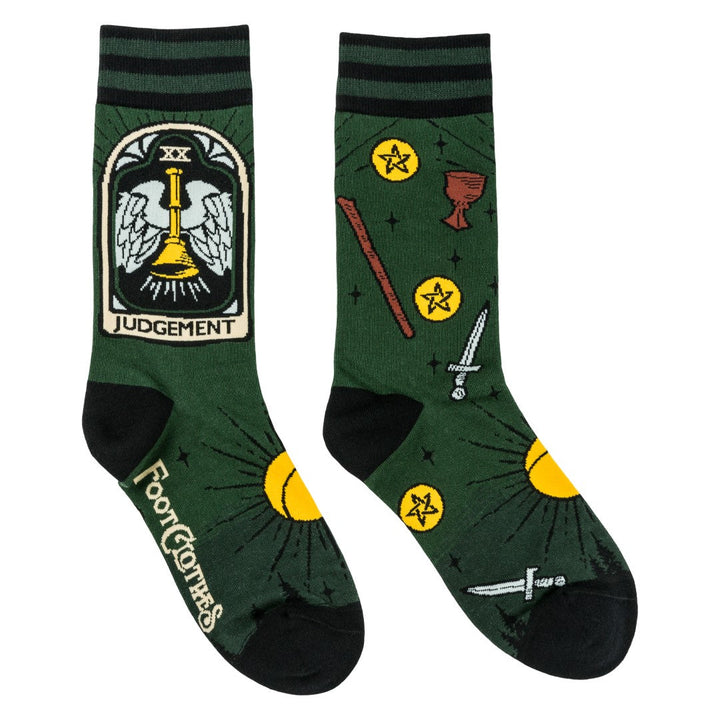 Tarot Nouveau Crew Sock Pack socks in green with black, yellow, and Judgment graphic.