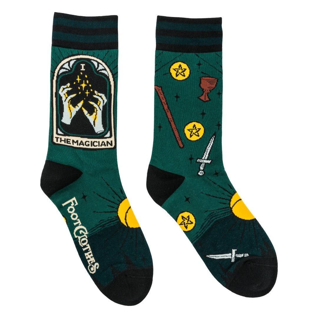 Tarot Nouveau Crew Sock Pack socks show green magician-themed art with yellow accents.