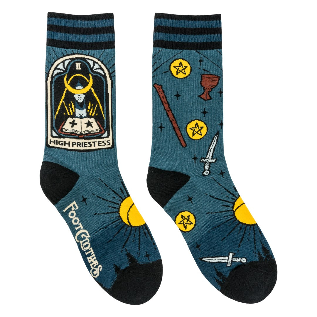 Tarot Nouveau Crew Sock Pack socks with blue stripes and High Priestess print
