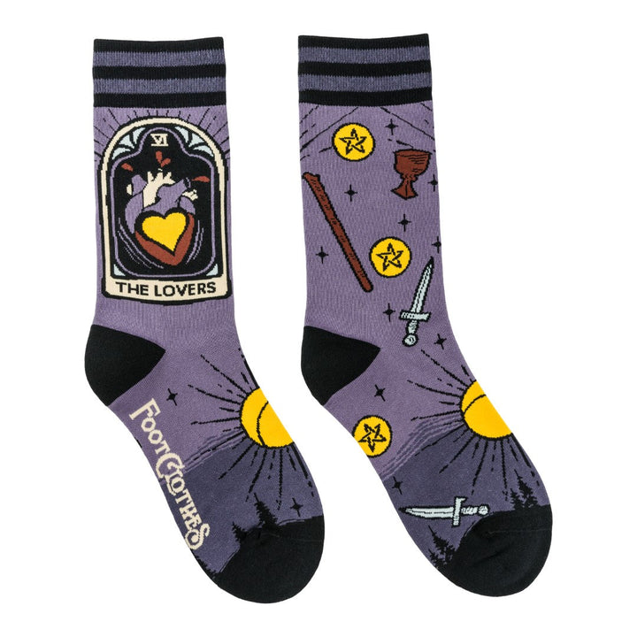 Tarot Nouveau Crew Sock Pack socks with purple, black, yellow tarot designs.