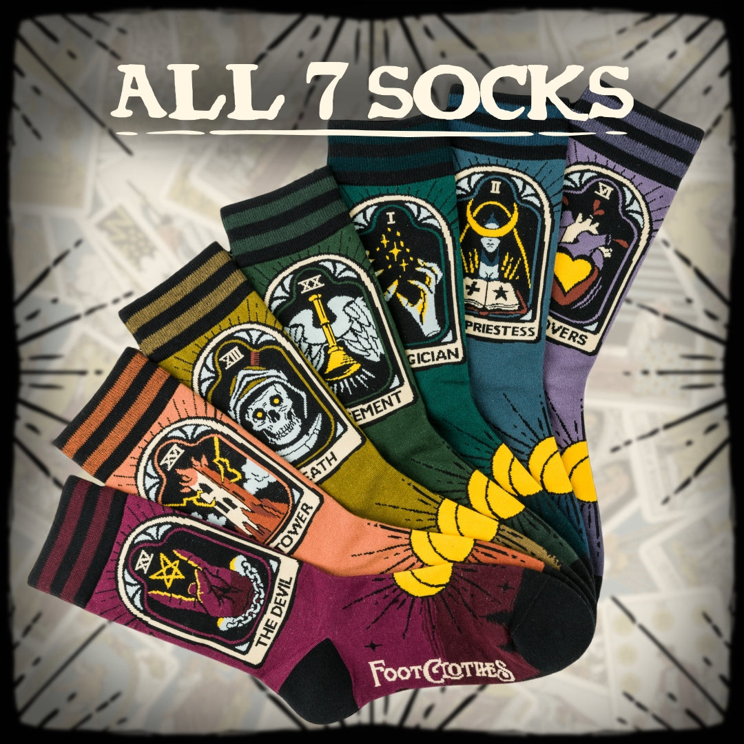 Tarot Nouveau Crew Sock Pack | 7 Designs showing seven crew socks.