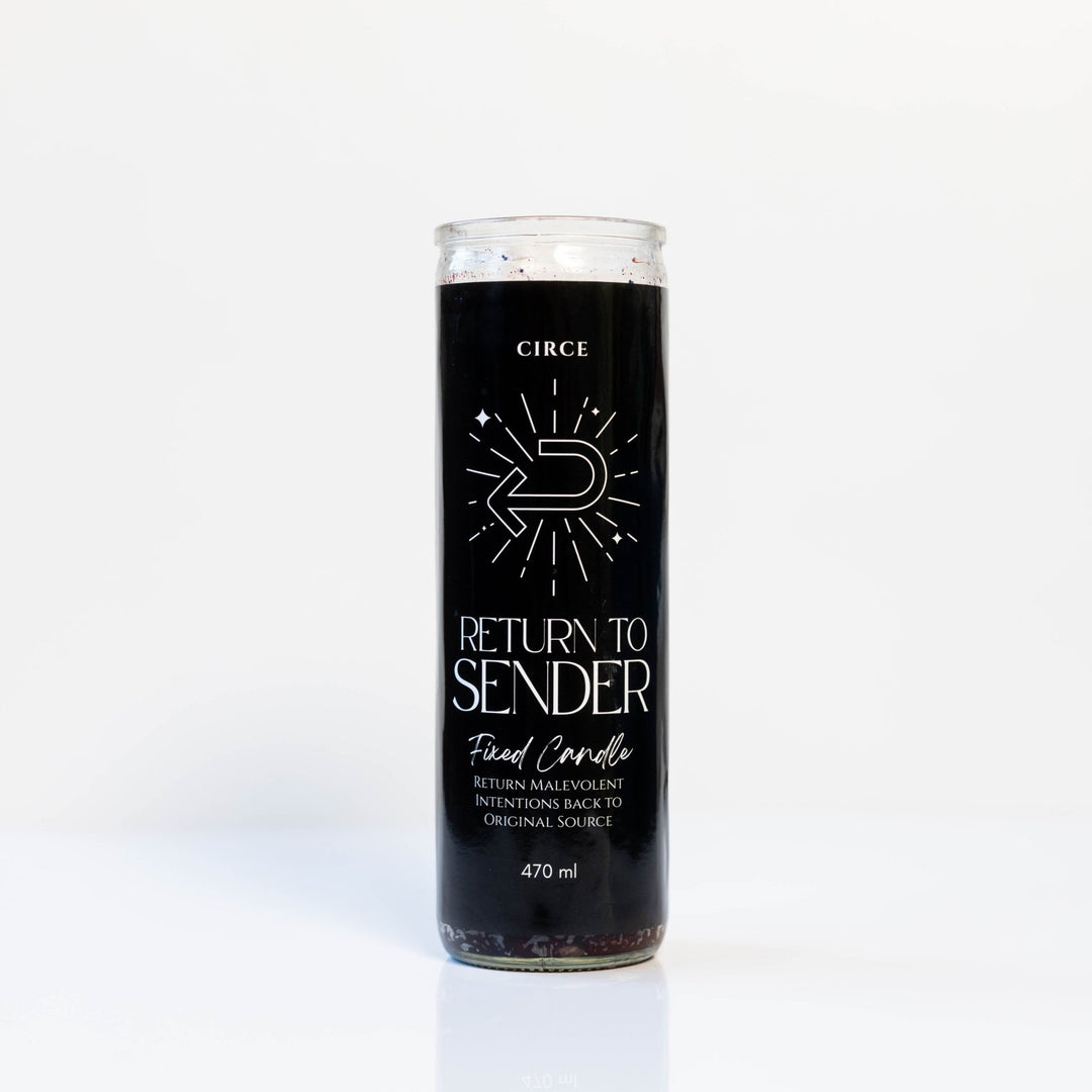 Candle with black label featuring text and a logo on a white background