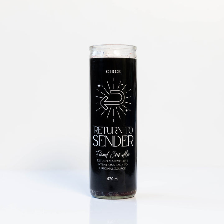 Candle with black label featuring text and a logo on a white background