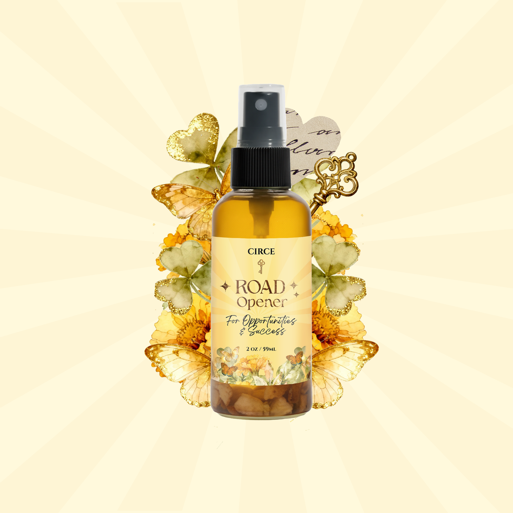 Bottle of 'Road Opener' spray with decorative elements on a beige background