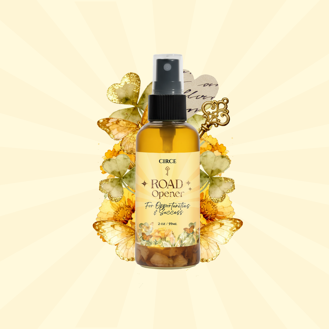 Bottle of 'Road Opener' spray with decorative elements on a beige background