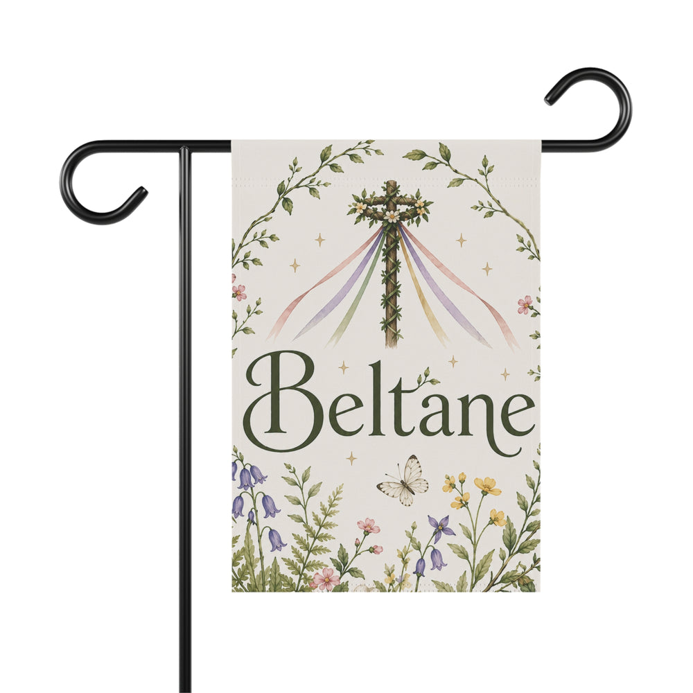 Decorative garden flag with 'Beltane' text and floral design on a white background