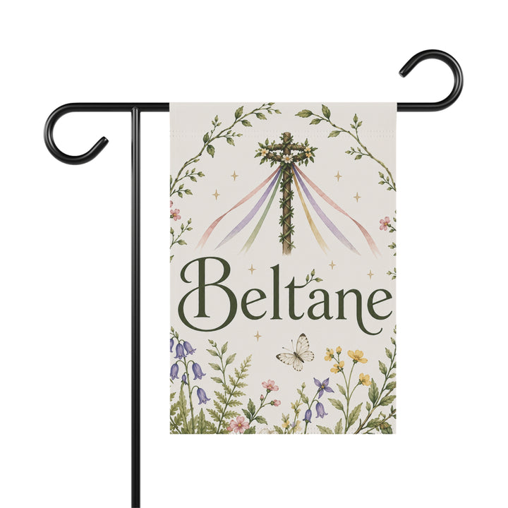Decorative garden flag with 'Beltane' text and floral design on a white background