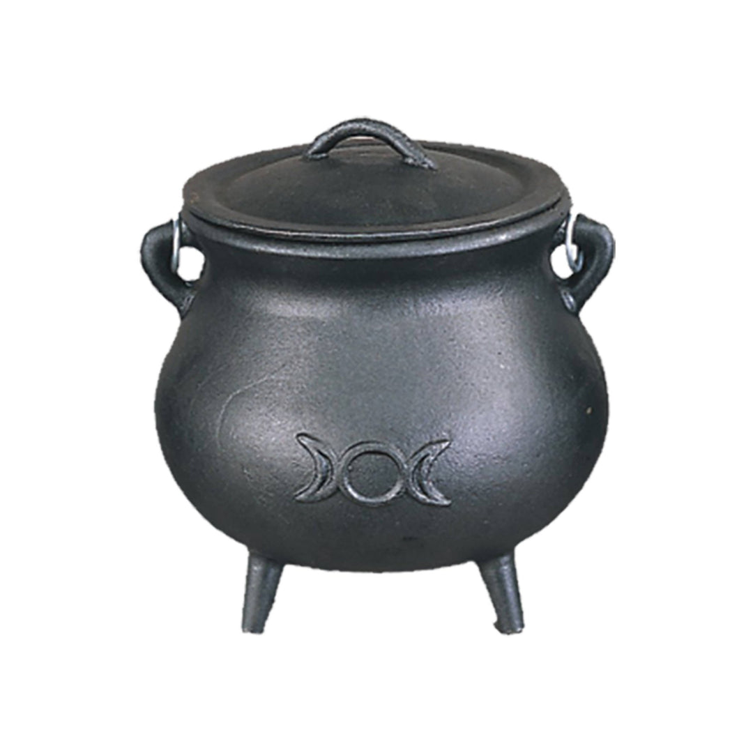 7" Triple Moon Cast Iron Cauldron with Lid and Handles - The Pagan Grimoire