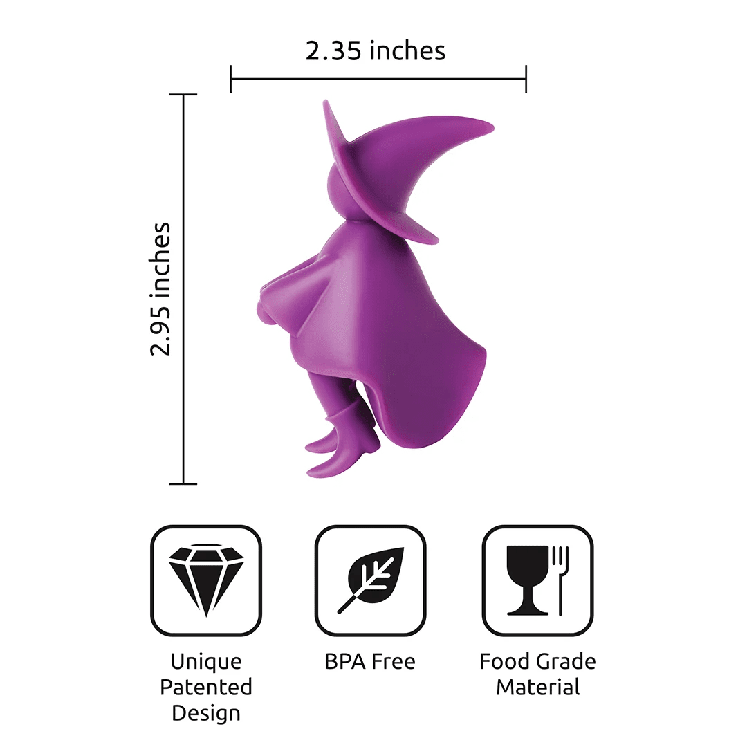 Purple figurine with measurements and certification icons on a white background
