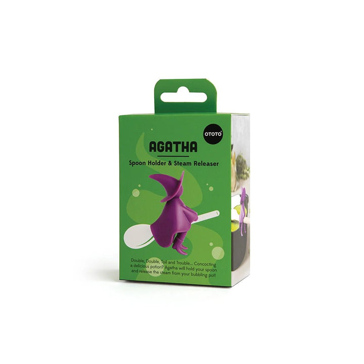 A green retail box for the Agatha Spoon Holder & Steam Release, featuring a purple steam release tool and spoon pictured on the front, photographed on a white background.