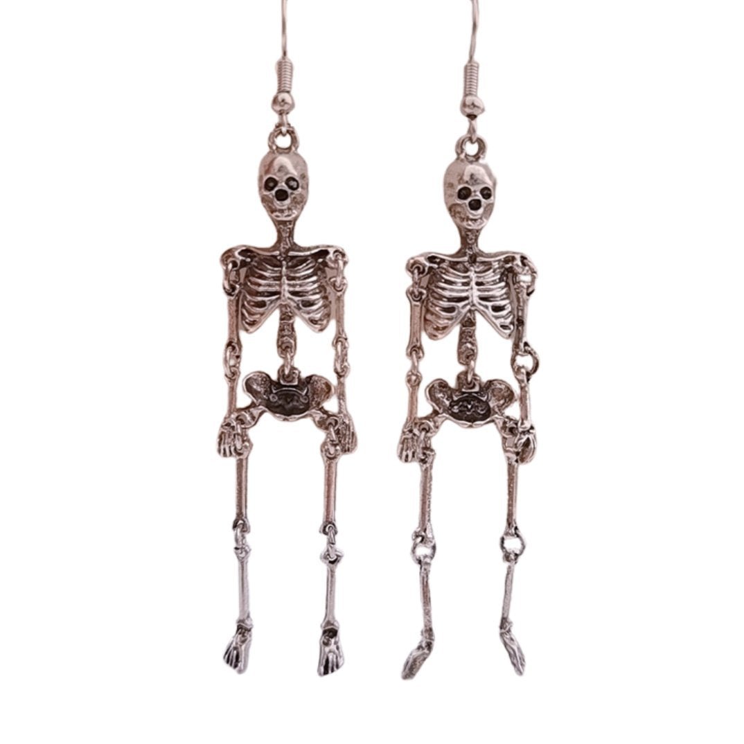 Anatomically Spooky Skeleton Dangle Earrings in Silver, skull and ribcage charms.