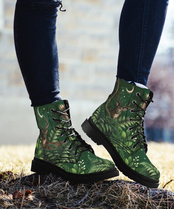 Artemis Boots in green canvas with woodland deer and starry moon print.