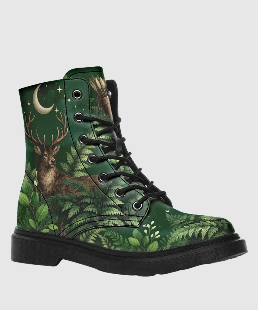 Artemis Boots in deep green with deer, moon, and leaf prints, lace-up.