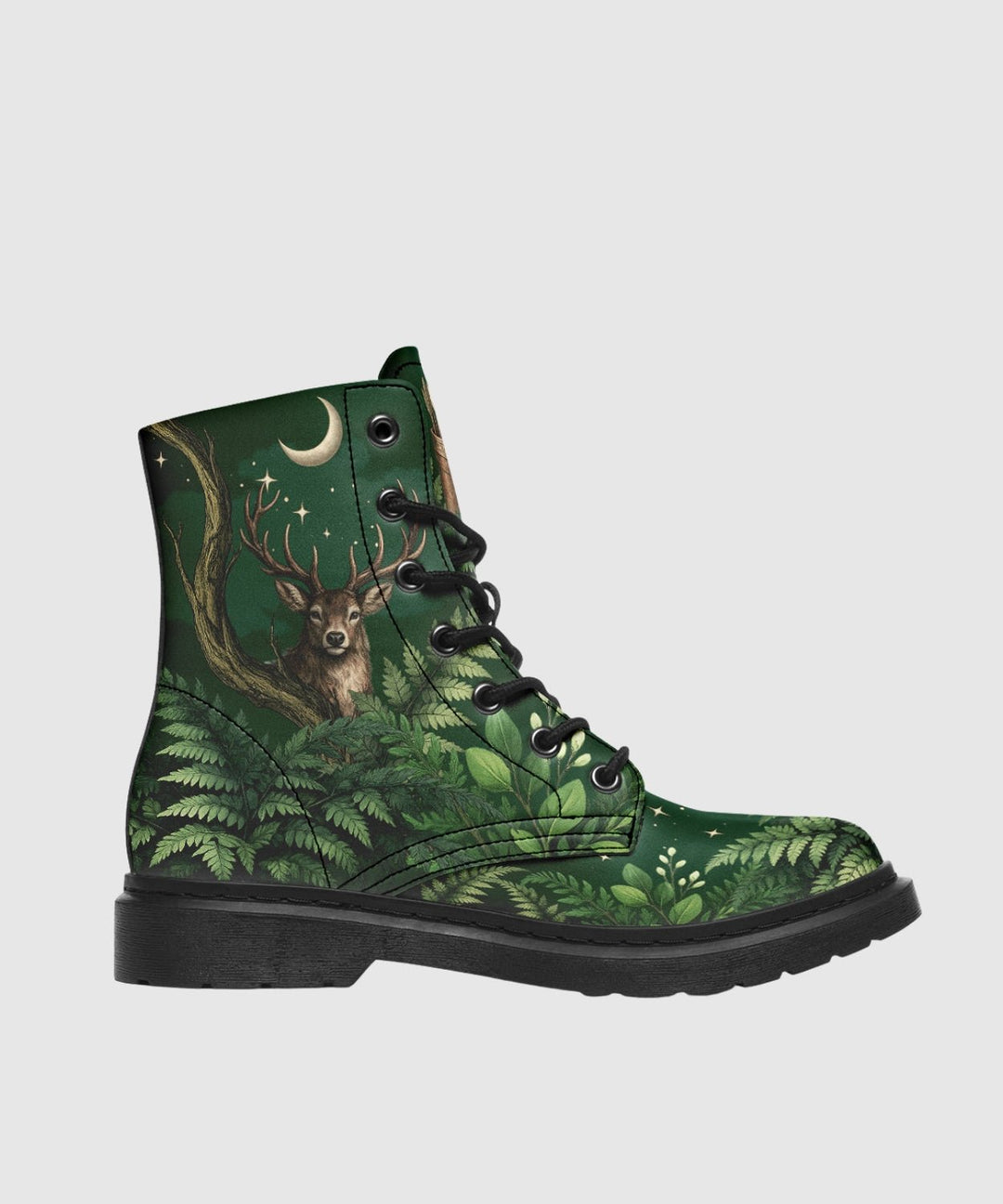 Artemis Boots in deep green with deer, crescent moon, and fern print.