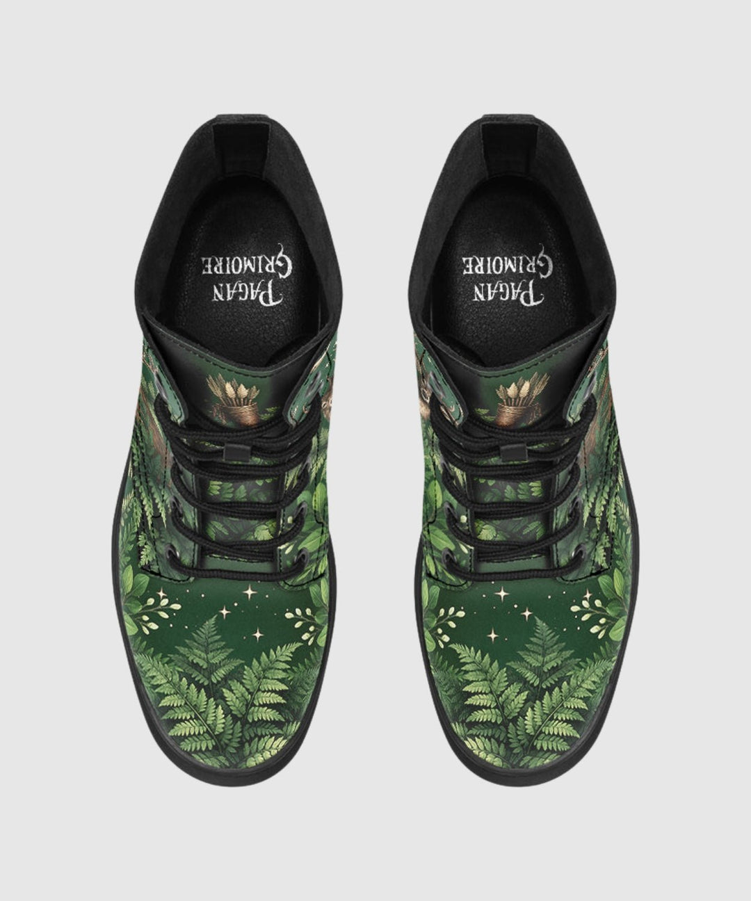 Artemis Boots show green botanical print with black laces and star accents.