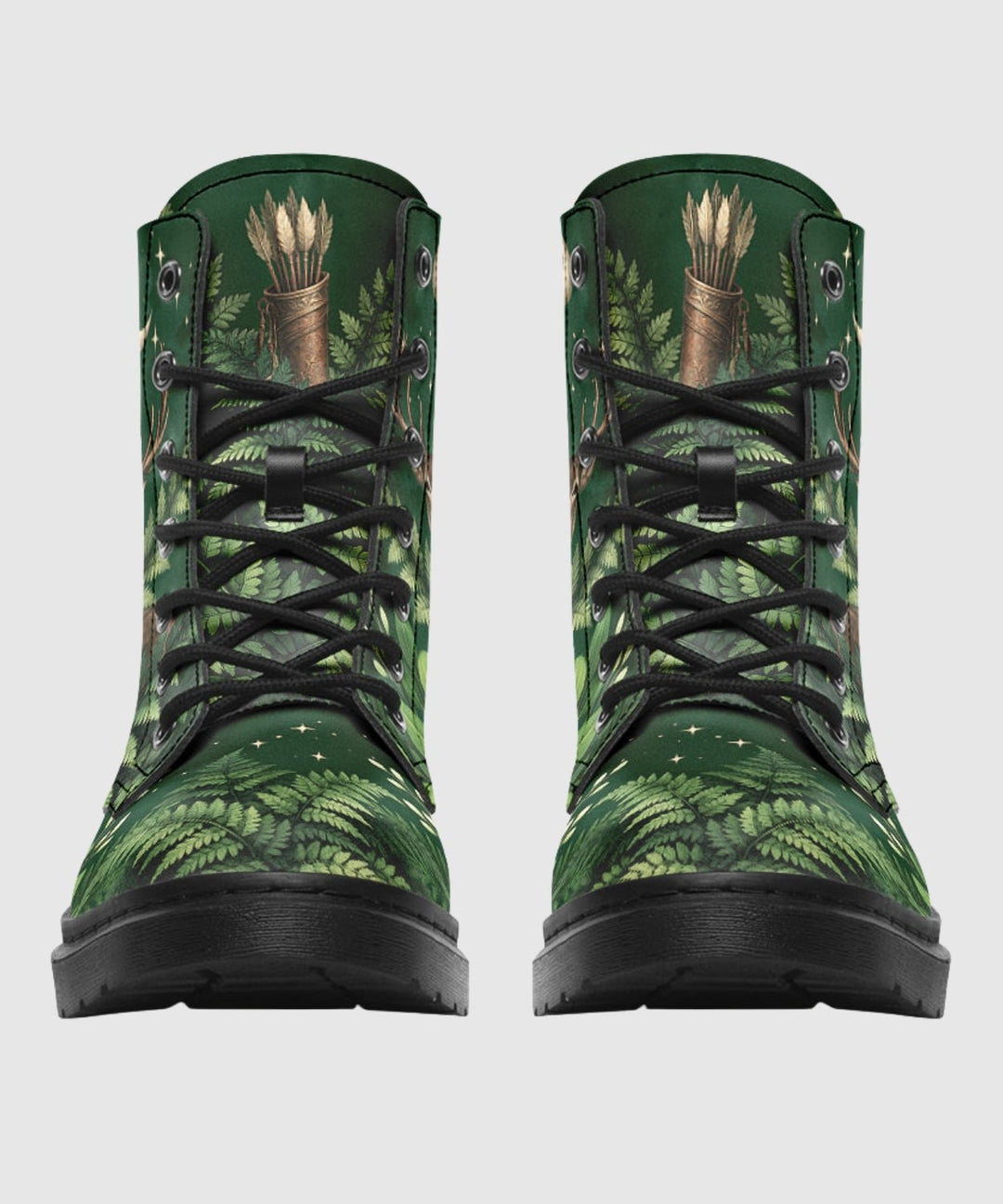 Artemis Boots show green woodland print, black laces, and sturdy black sole.