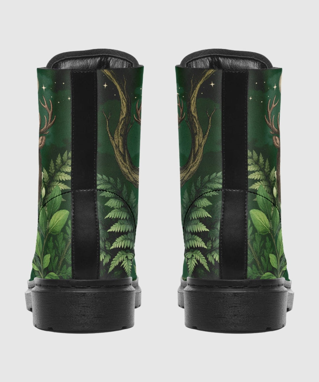 Artemis Boots show green forest print with black side panels and gold tree artwork.